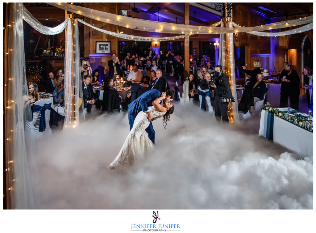 A beautiful scene on a wedding day with a fog machine used by Juniper Bleu